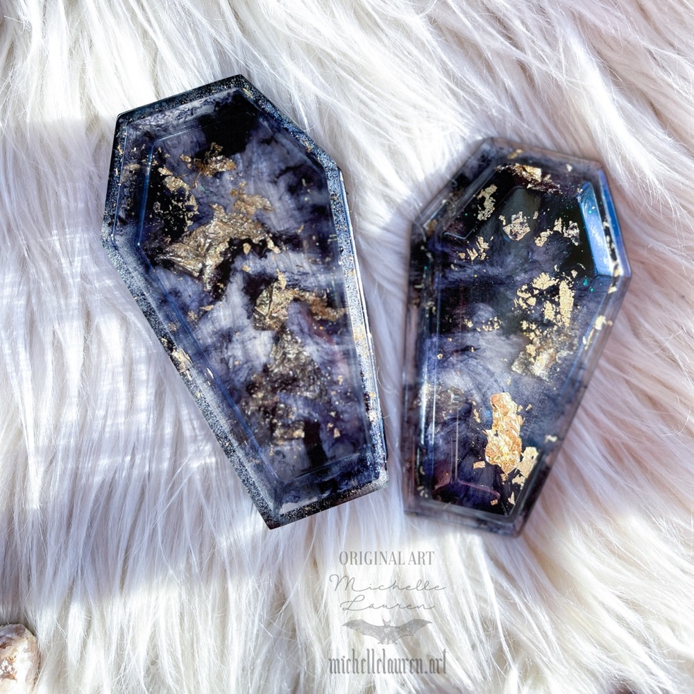 Resin Coffin Jewelry Trinket Box Black Transparent real Gold leaf gifts for her